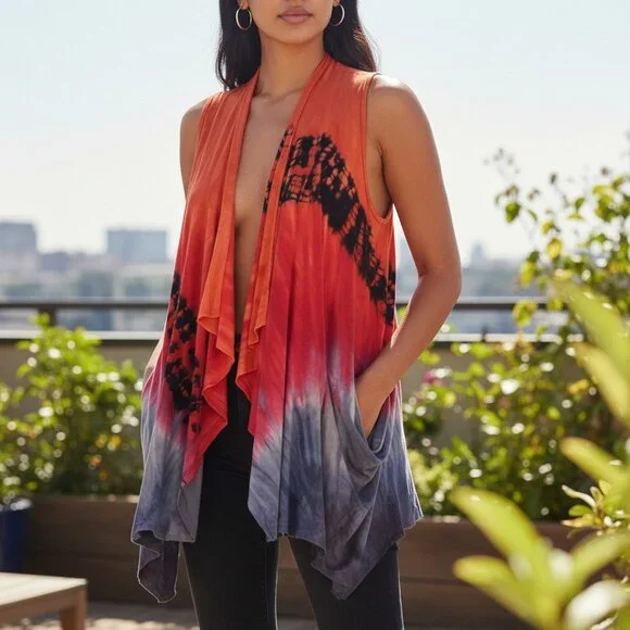 ART OF CLOTH VINTAGE Tie Dye Ombre Vest M L Sleeveless Cardigan Tunic Lagenlook - Picture 1 of 16